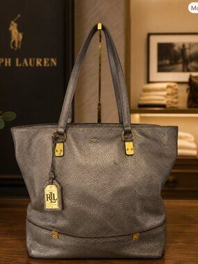 Lauren Ralph Lauren Taupe Metallic Gold Pebbled Leather Tote
